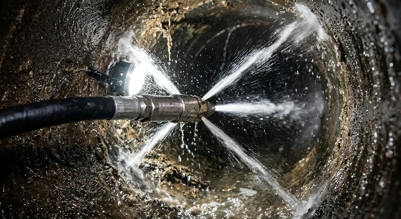 High-pressure hydro jetting nozzle cleaning sewer pipe for Sewer Cleanout in Lexington