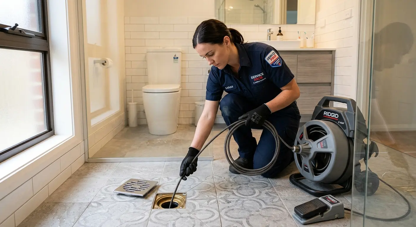 Technician clearing a bathroom floor drain for Drain Cleaning in Lexington
